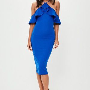 MISSGUIDED blue scuba high neck frill midi dress